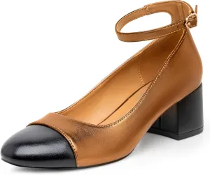 Trary Women's Pumps Shoes,White Nude Gold Heels,Closed Toe Heels for Women,Chunky High Heels for Women,Cap Toe Pumps Shoes,Casual Wedding Dress Shoes for Women