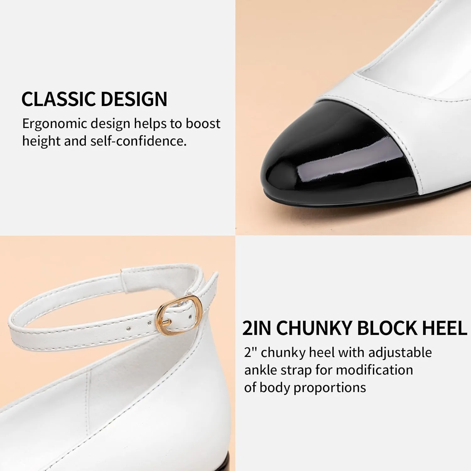 Trary Women's Pumps Shoes,White Nude Gold Heels,Closed Toe Heels for Women,Chunky High Heels for Women,Cap Toe Pumps Shoes,Casual Wedding Dress Shoes for Women