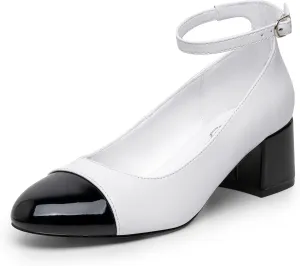 Trary Women's Pumps Shoes,White Nude Gold Heels,Closed Toe Heels for Women,Chunky High Heels for Women,Cap Toe Pumps Shoes,Casual Wedding Dress Shoes for Women