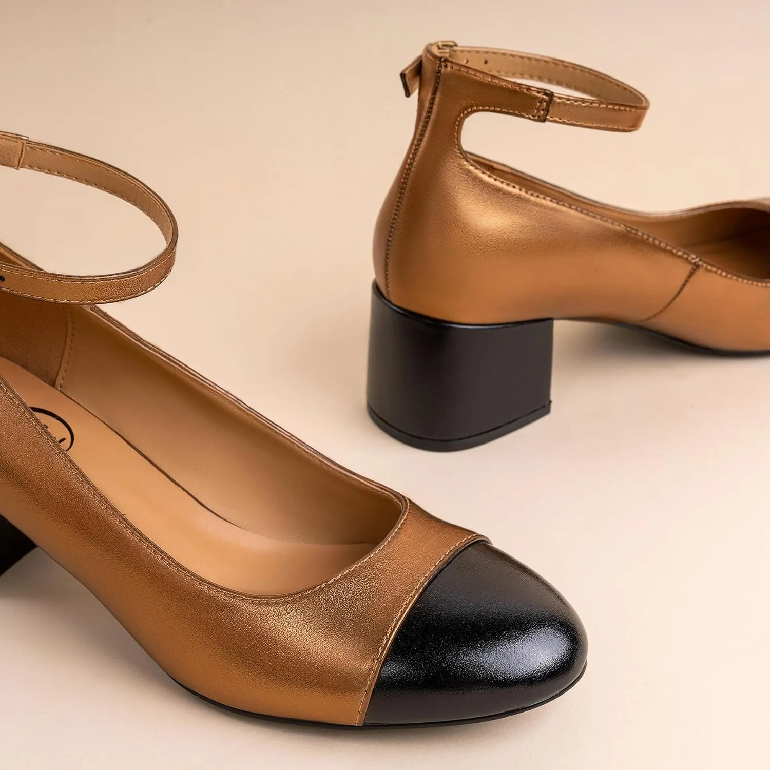 Trary Women's Pumps Shoes,White Nude Gold Heels,Closed Toe Heels for Women,Chunky High Heels for Women,Cap Toe Pumps Shoes,Casual Wedding Dress Shoes for Women