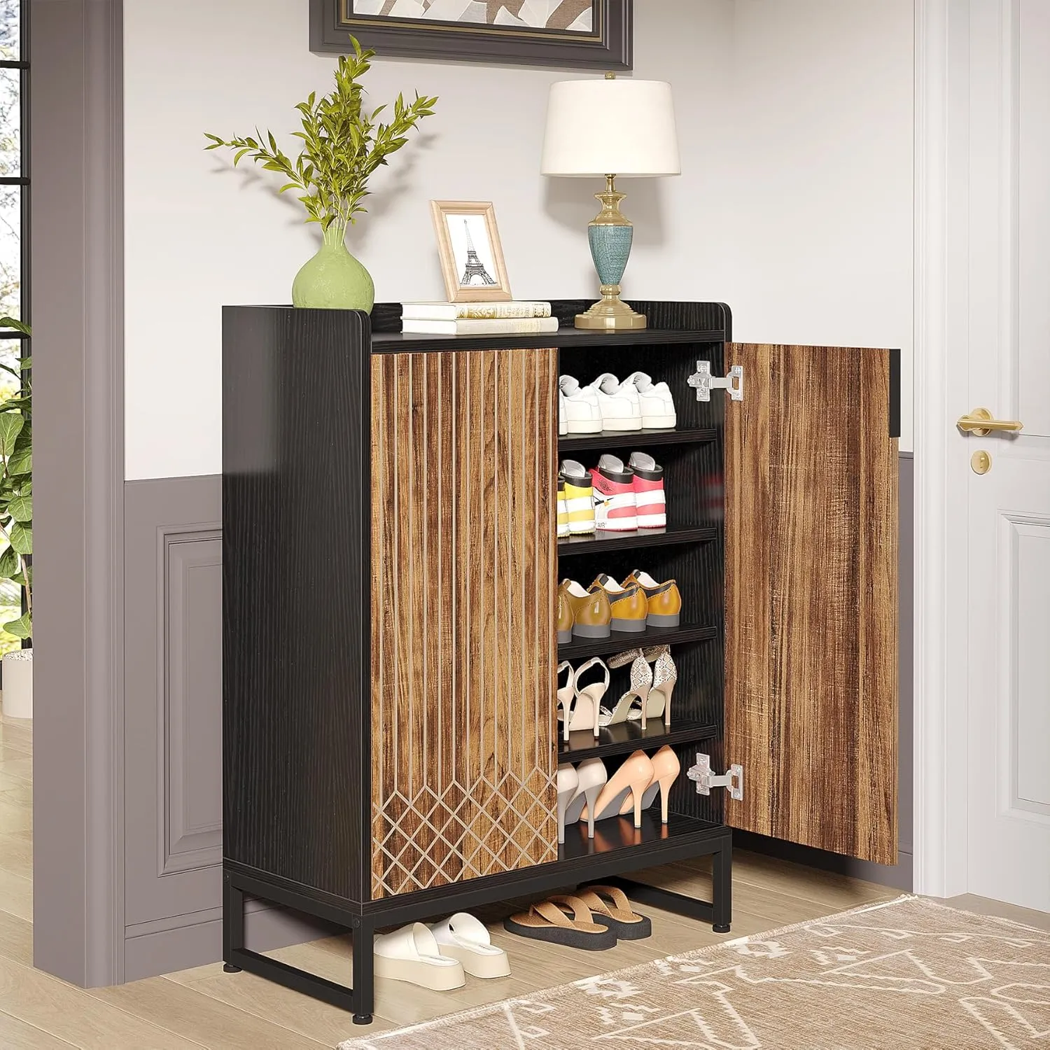 Tribesigns Shoe Cabinet with Doors, 6 Tiers Shoe Storage Cabinet for Entryway, 25 Pairs Wooden Shoe Cabinets, Modern Shoe Organizer Storage for Living Room, Bedroom, Hallway, Closet, Black and Brown