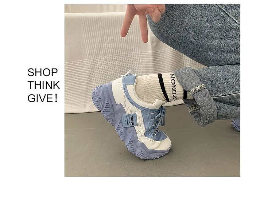 Two Tone Applique Lace-Up Platform Sneakers
