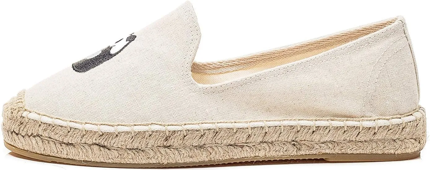 U-lite Women's Casual Flat Cap-Toe Embroidery Animal Print Canvas Slip on Walking Espadrilles Smoking Slipper Loafer