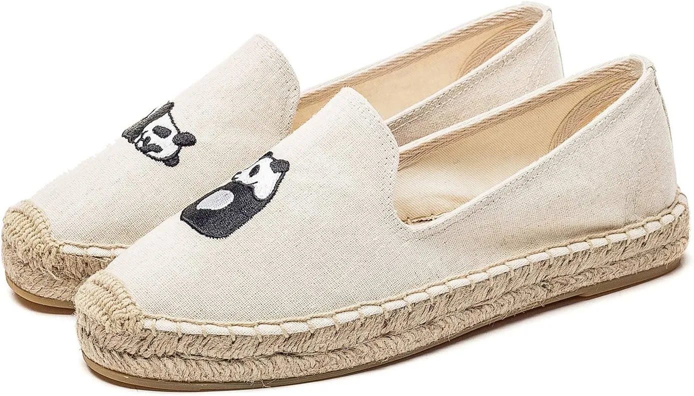 U-lite Women's Casual Flat Cap-Toe Embroidery Animal Print Canvas Slip on Walking Espadrilles Smoking Slipper Loafer