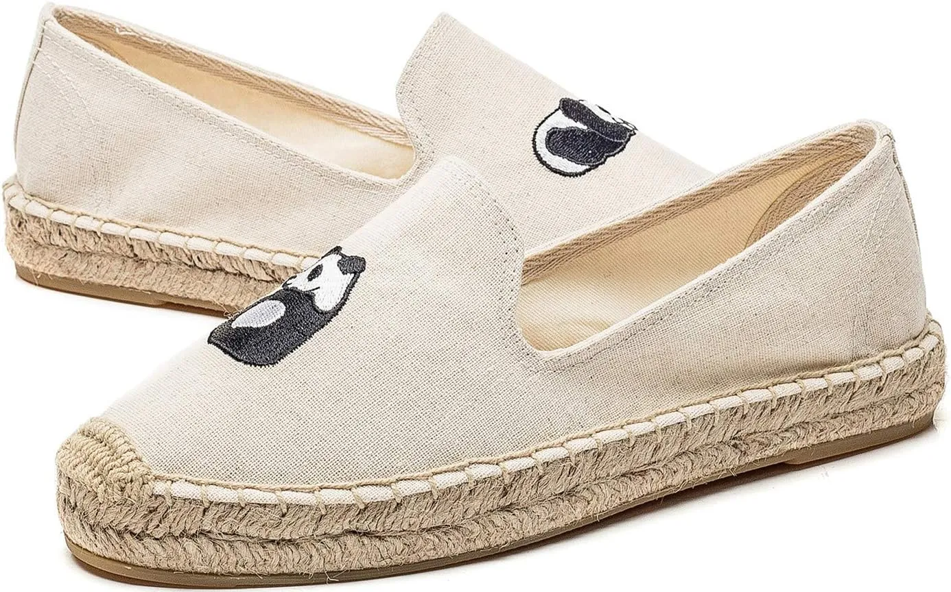 U-lite Women's Casual Flat Cap-Toe Embroidery Animal Print Canvas Slip on Walking Espadrilles Smoking Slipper Loafer