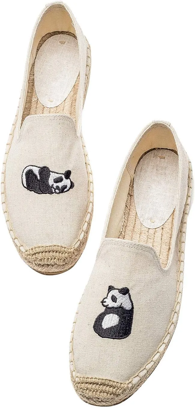 U-lite Women's Casual Flat Cap-Toe Embroidery Animal Print Canvas Slip on Walking Espadrilles Smoking Slipper Loafer