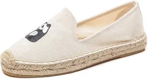 U-lite Women's Casual Flat Cap-Toe Embroidery Animal Print Canvas Slip on Walking Espadrilles Smoking Slipper Loafer