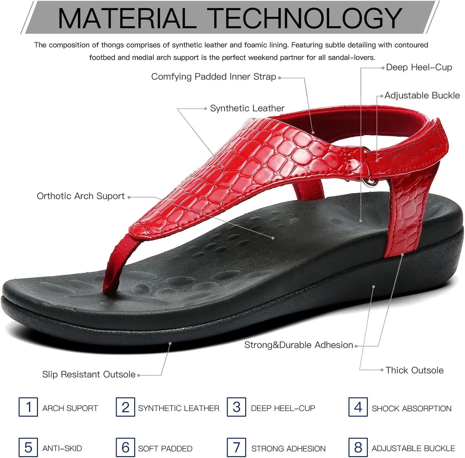 UTENAG Womens Arch Support Sandals Orthotic Adjustable Thong Flip Flops Shoes
