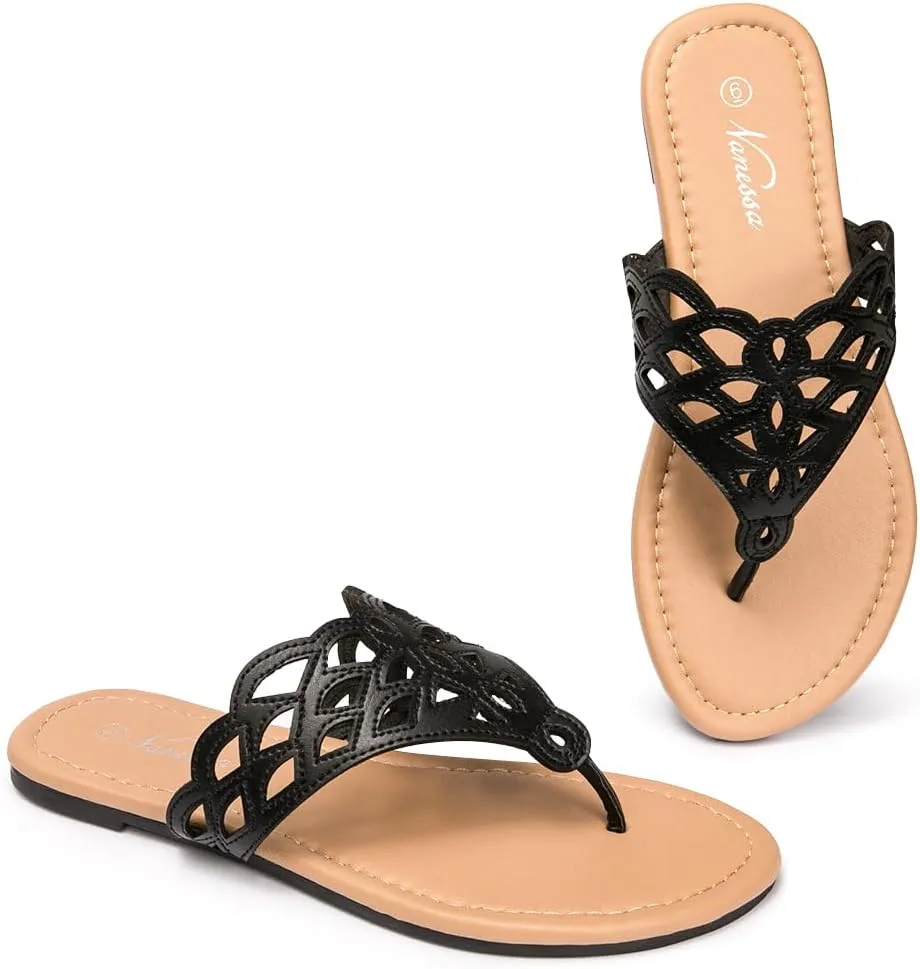 Vanessa Women's Thong Flat Sandals T-Strap Sandals Slip On Gladiator Slide Sandals Summer Beach Flip Flop