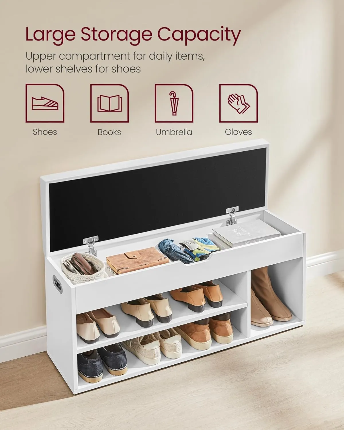 VASAGLE CUSTOS Collection - Storage Bench with Cushion, Shoe Bench, Padded Seat, Hidden Storage, Entryway, Hold up to 300 lb, 11.8 x 39.4 x 17.3 Inches, Cloud White ULHS130W14