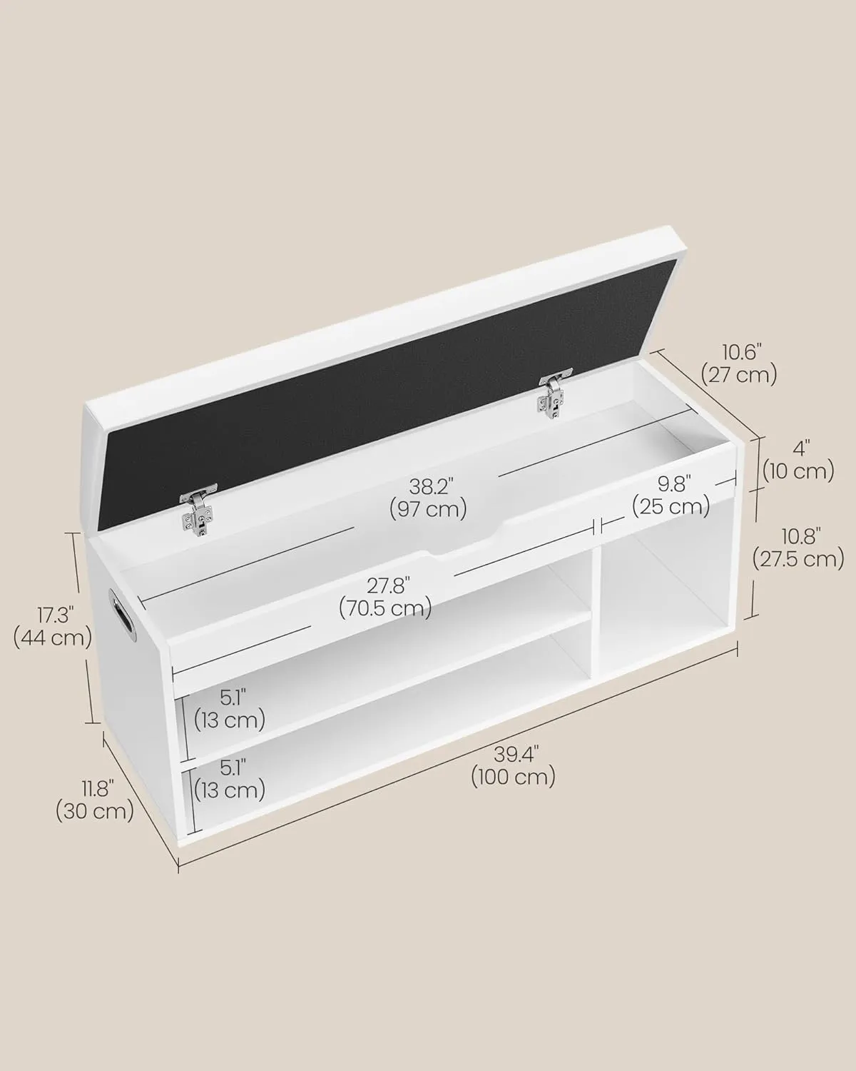 VASAGLE CUSTOS Collection - Storage Bench with Cushion, Shoe Bench, Padded Seat, Hidden Storage, Entryway, Hold up to 300 lb, 11.8 x 39.4 x 17.3 Inches, Cloud White ULHS130W14