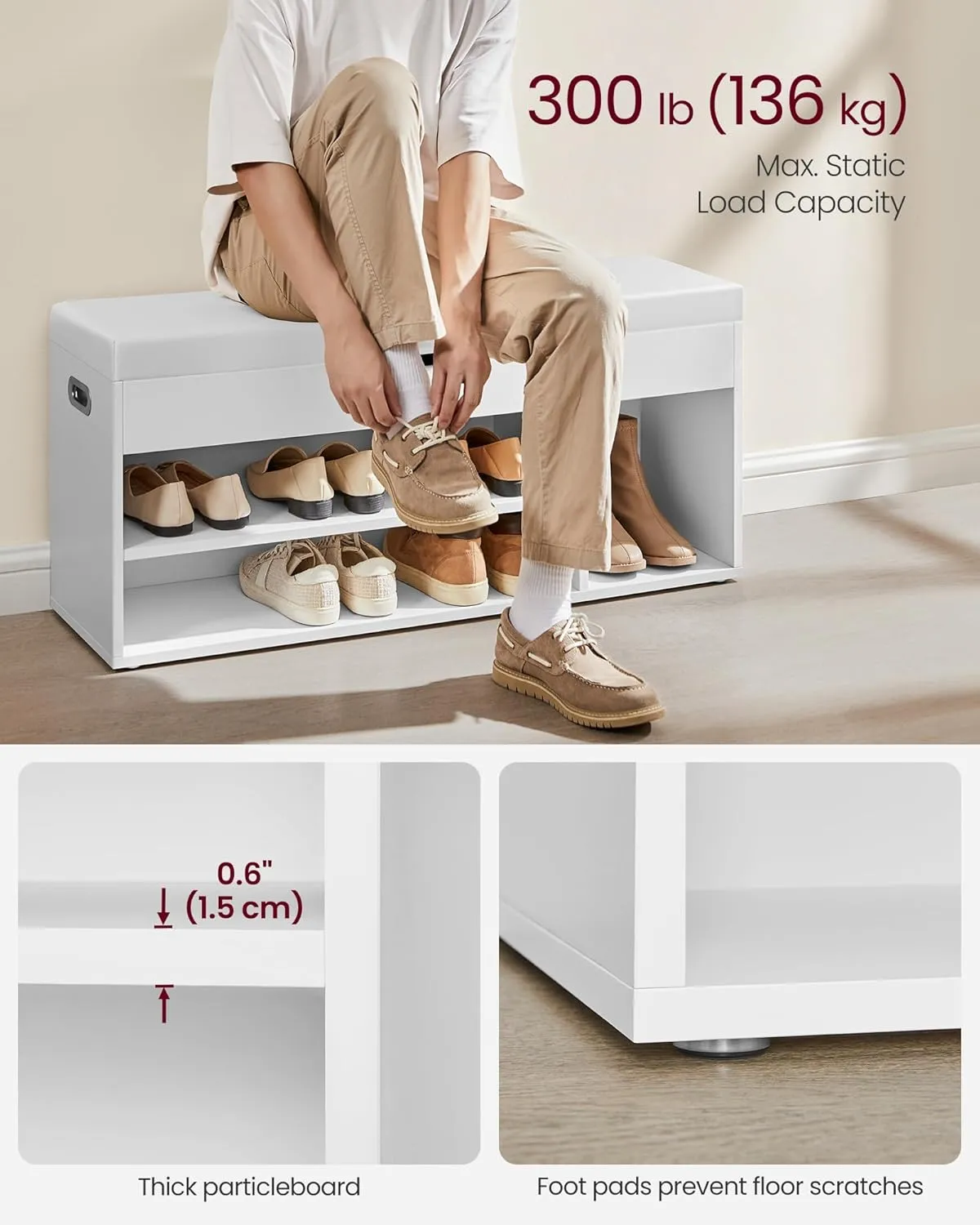 VASAGLE CUSTOS Collection - Storage Bench with Cushion, Shoe Bench, Padded Seat, Hidden Storage, Entryway, Hold up to 300 lb, 11.8 x 39.4 x 17.3 Inches, Cloud White ULHS130W14