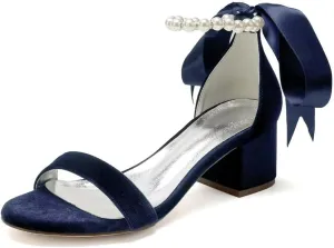 Velvet Block Heel Sandals Pearl Women Heels Open Toe Chunky Heel Wdding Party Shoes