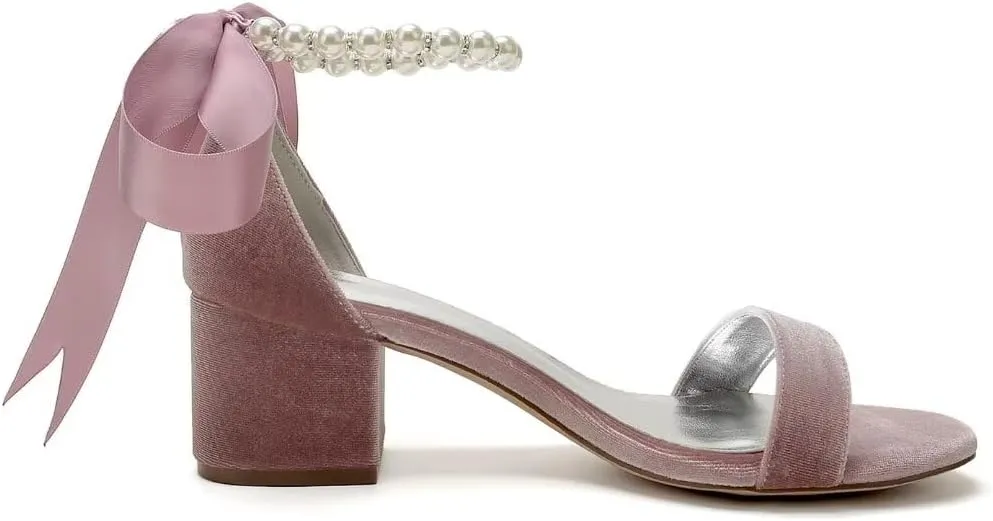 Velvet Block Heel Sandals Pearl Women Heels Open Toe Chunky Heel Wdding Party Shoes