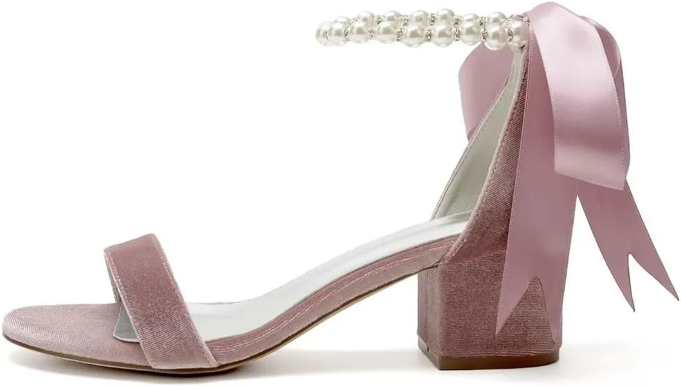Velvet Block Heel Sandals Pearl Women Heels Open Toe Chunky Heel Wdding Party Shoes