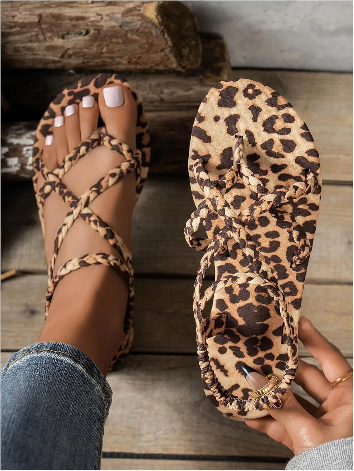 Verdusa Women's Leopard Print Braided Thong Sandals Criss Cross Strappy Slingback Sandals