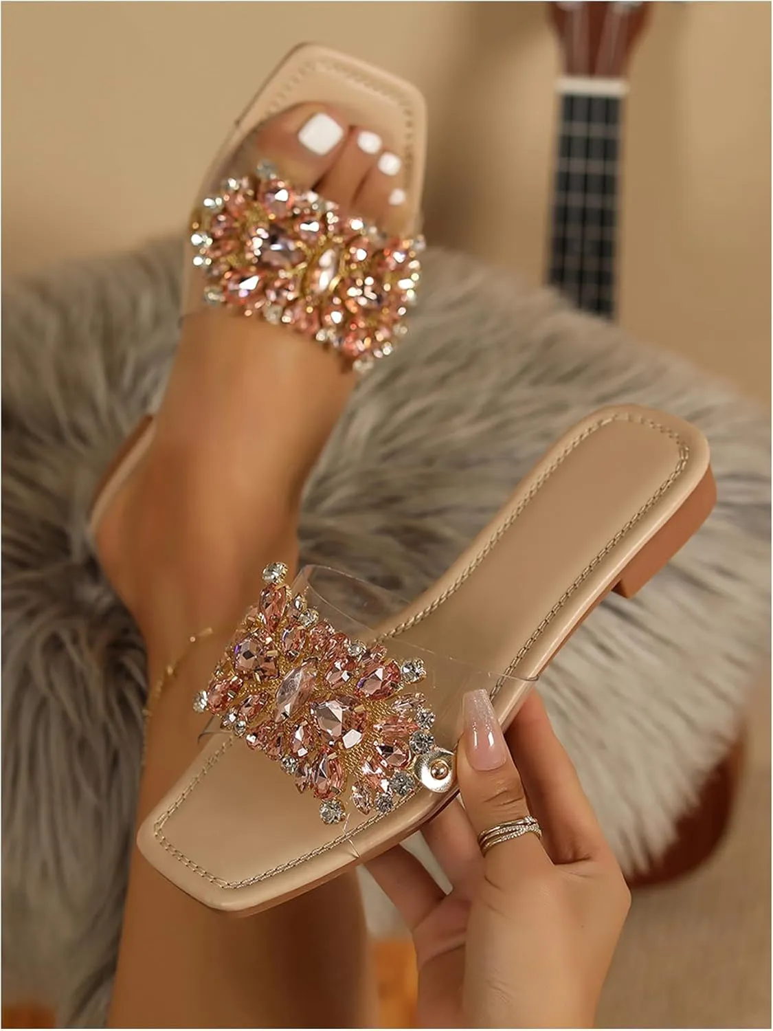 Verdusa Women's Rhinestone Clear Flat Sandals Square Toe Slide Sandals