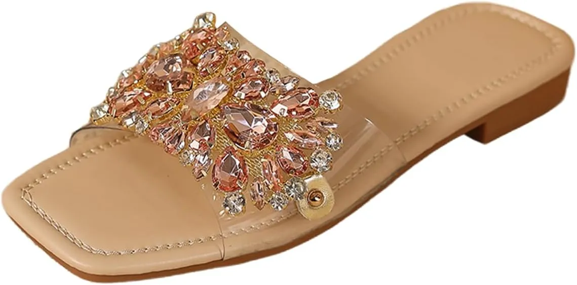 Verdusa Women's Rhinestone Clear Flat Sandals Square Toe Slide Sandals
