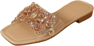 Verdusa Women's Rhinestone Clear Flat Sandals Square Toe Slide Sandals