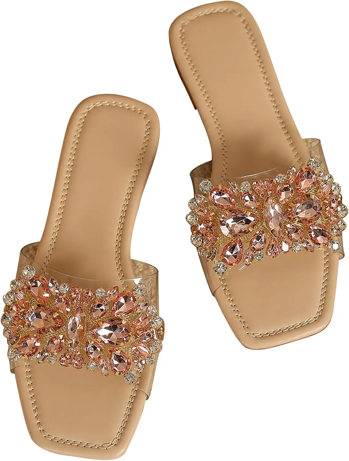 Verdusa Women's Rhinestone Clear Flat Sandals Square Toe Slide Sandals