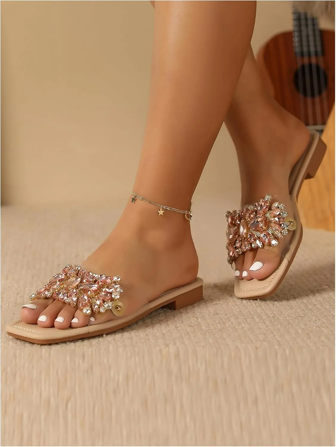 Verdusa Women's Rhinestone Clear Flat Sandals Square Toe Slide Sandals