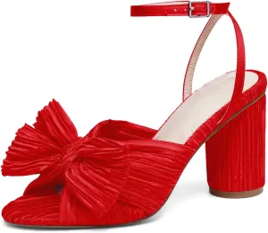 VETASTE Women's Bow Knot Heeled Sandals Bridal Wedding Open Toe Ankle Strap Chunky Heels