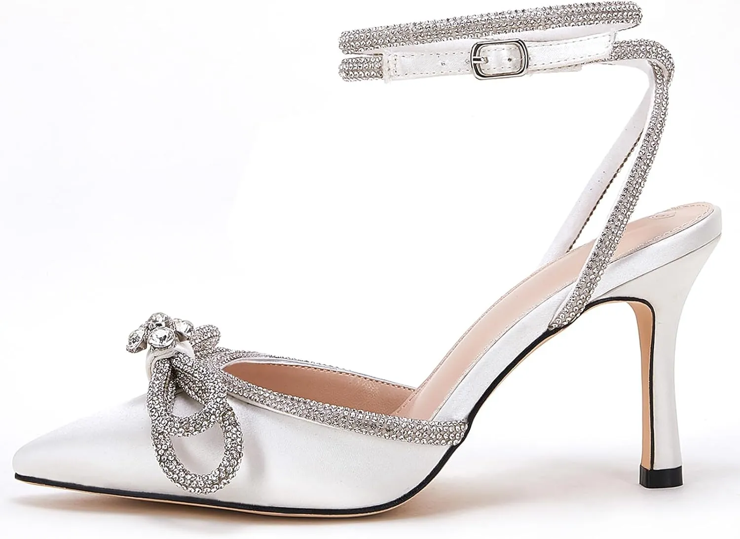 VETASTE Women's Double Bow Pointed Toe Ankle Strap Crystal Pumps Wedding Bridal Party Stilettos Backless Satin Heeled Sandals