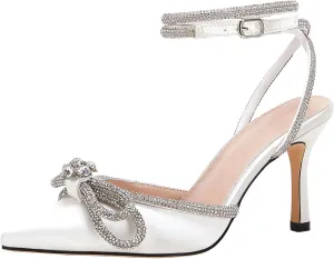 VETASTE Women's Double Bow Pointed Toe Ankle Strap Crystal Pumps Wedding Bridal Party Stilettos Backless Satin Heeled Sandals