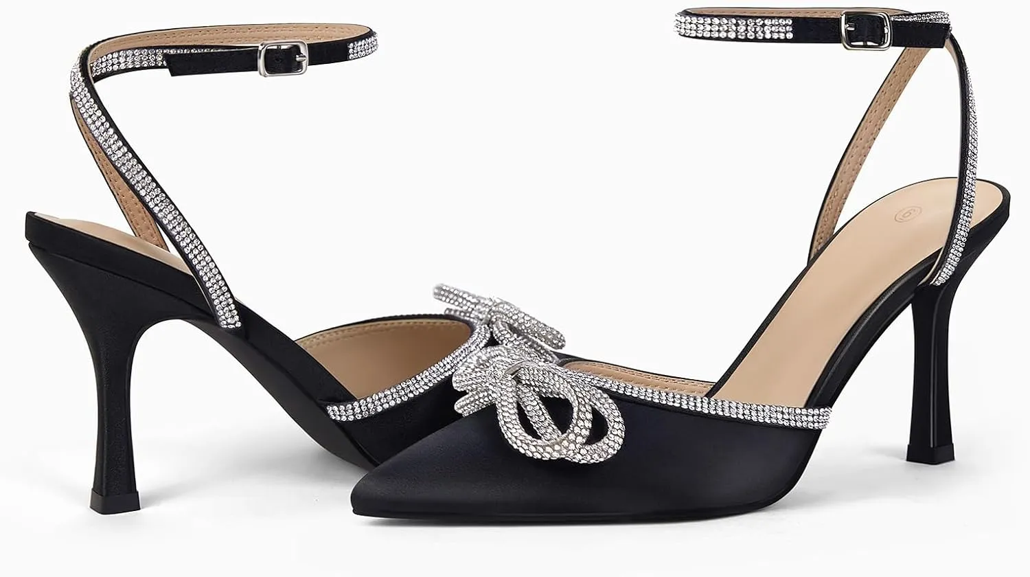 VETASTE Women's Double Bow Pointed Toe Ankle Strap Crystal Pumps Wedding Bridal Party Stilettos Backless Satin Heeled Sandals