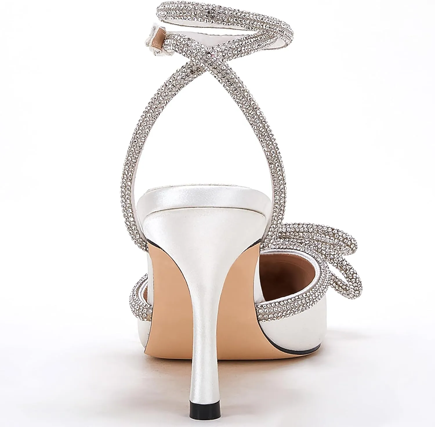 VETASTE Women's Double Bow Pointed Toe Ankle Strap Crystal Pumps Wedding Bridal Party Stilettos Backless Satin Heeled Sandals