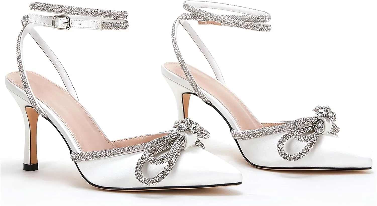VETASTE Women's Double Bow Pointed Toe Ankle Strap Crystal Pumps Wedding Bridal Party Stilettos Backless Satin Heeled Sandals