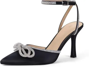 VETASTE Women's Double Bow Pointed Toe Ankle Strap Crystal Pumps Wedding Bridal Party Stilettos Backless Satin Heeled Sandals