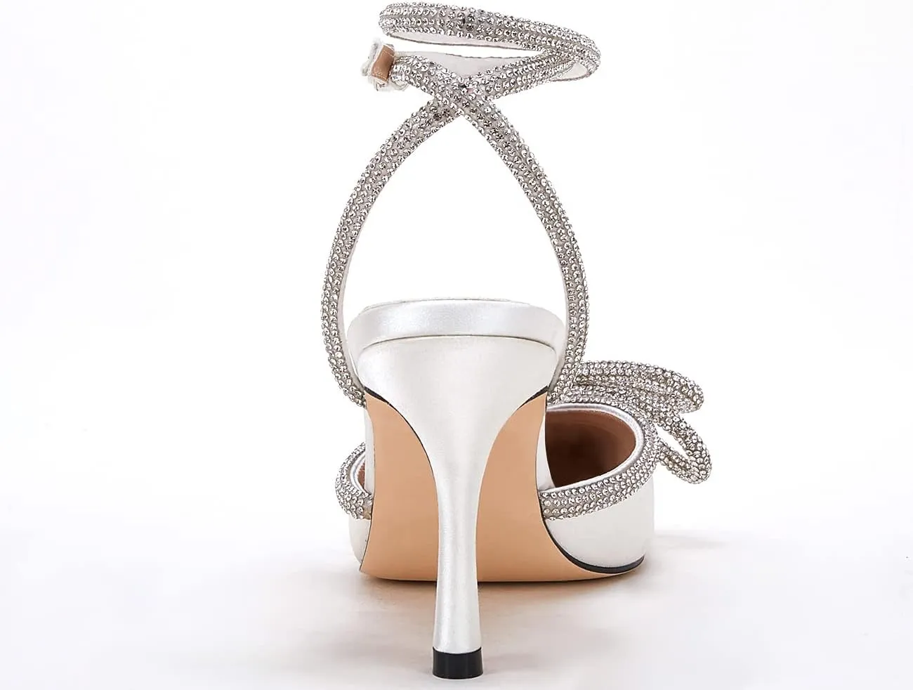 VETASTE Women's Double Bow Pointed Toe Ankle Strap Crystal Pumps Wedding Bridal Party Stilettos Backless Satin Heeled Sandals