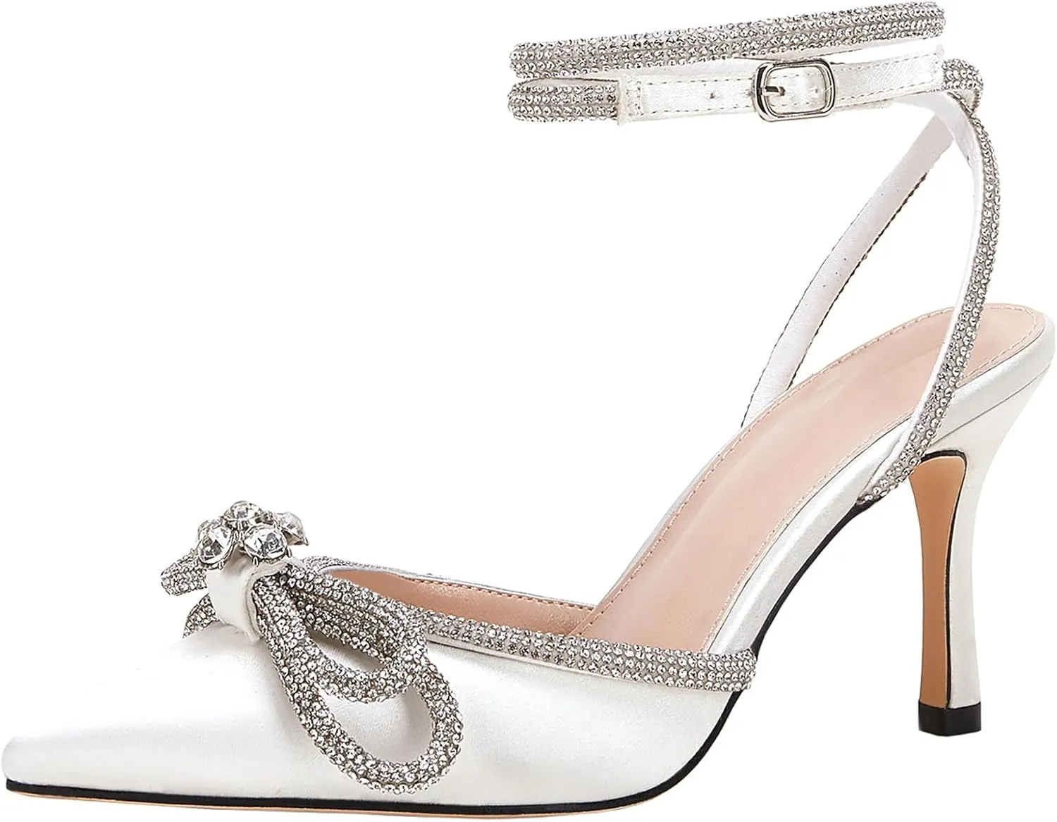 VETASTE Women's Double Bow Pointed Toe Ankle Strap Crystal Pumps Wedding Bridal Party Stilettos Backless Satin Heeled Sandals