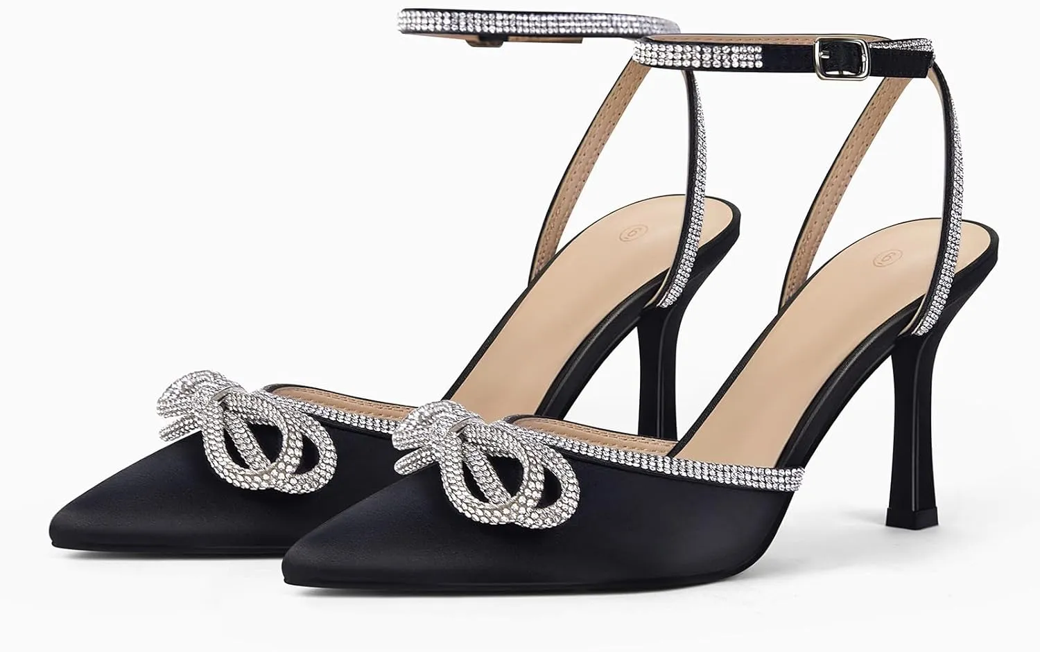 VETASTE Women's Double Bow Pointed Toe Ankle Strap Crystal Pumps Wedding Bridal Party Stilettos Backless Satin Heeled Sandals
