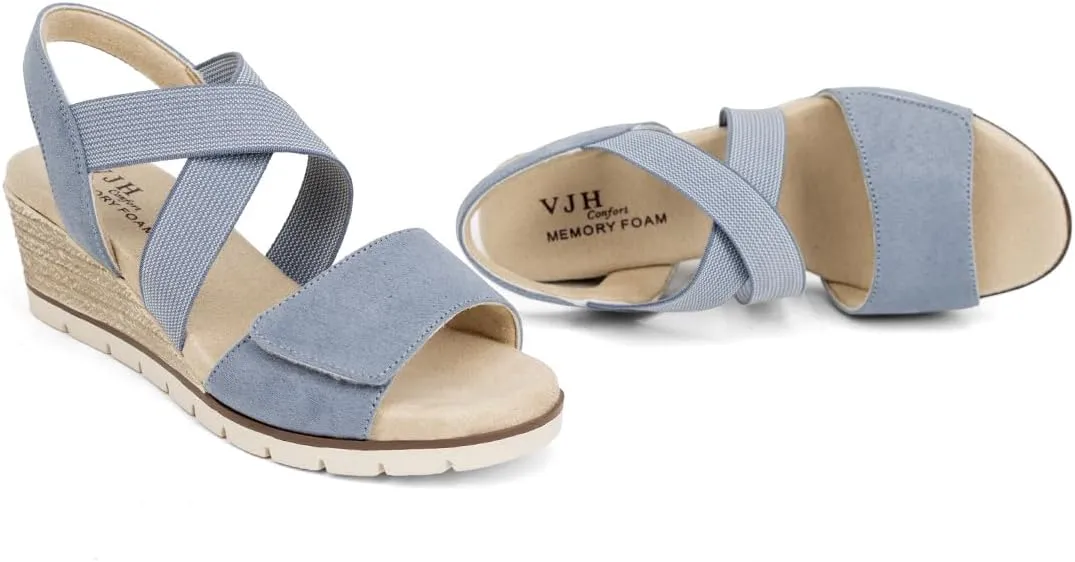 VJH confort Women's Wedge Sandals Stretchy Strap Slip-on Comfortable Causal Summer Shoe