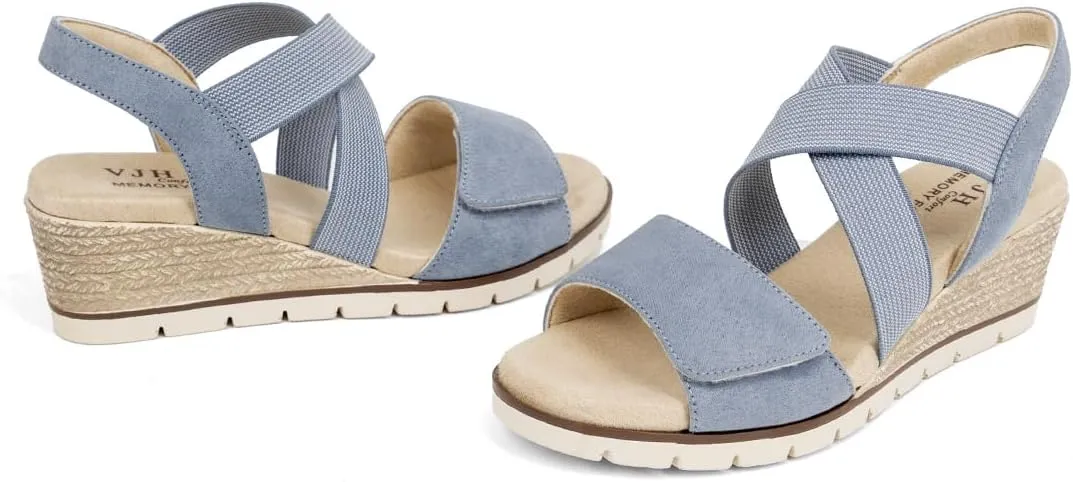 VJH confort Women's Wedge Sandals Stretchy Strap Slip-on Comfortable Causal Summer Shoe