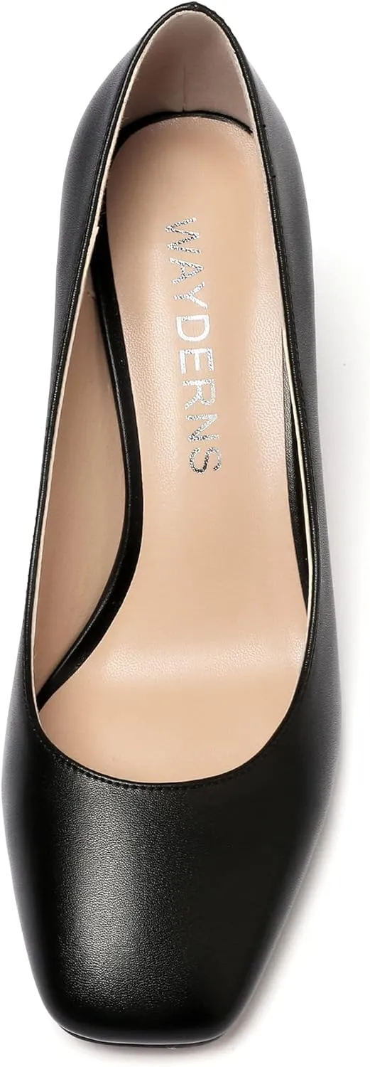 WAYDERNS Women's Matte Slip On Square Toe Block High Heel Pumps Evening Dress Shoes 3 Inch