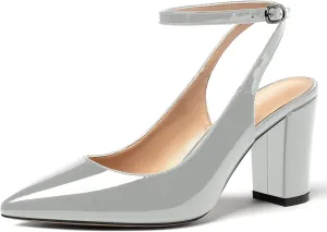 WAYDERNS Women's Slingback Patent Ankle Strap Pointed Toe Block High Heel Pumps Shoes 3 Inch