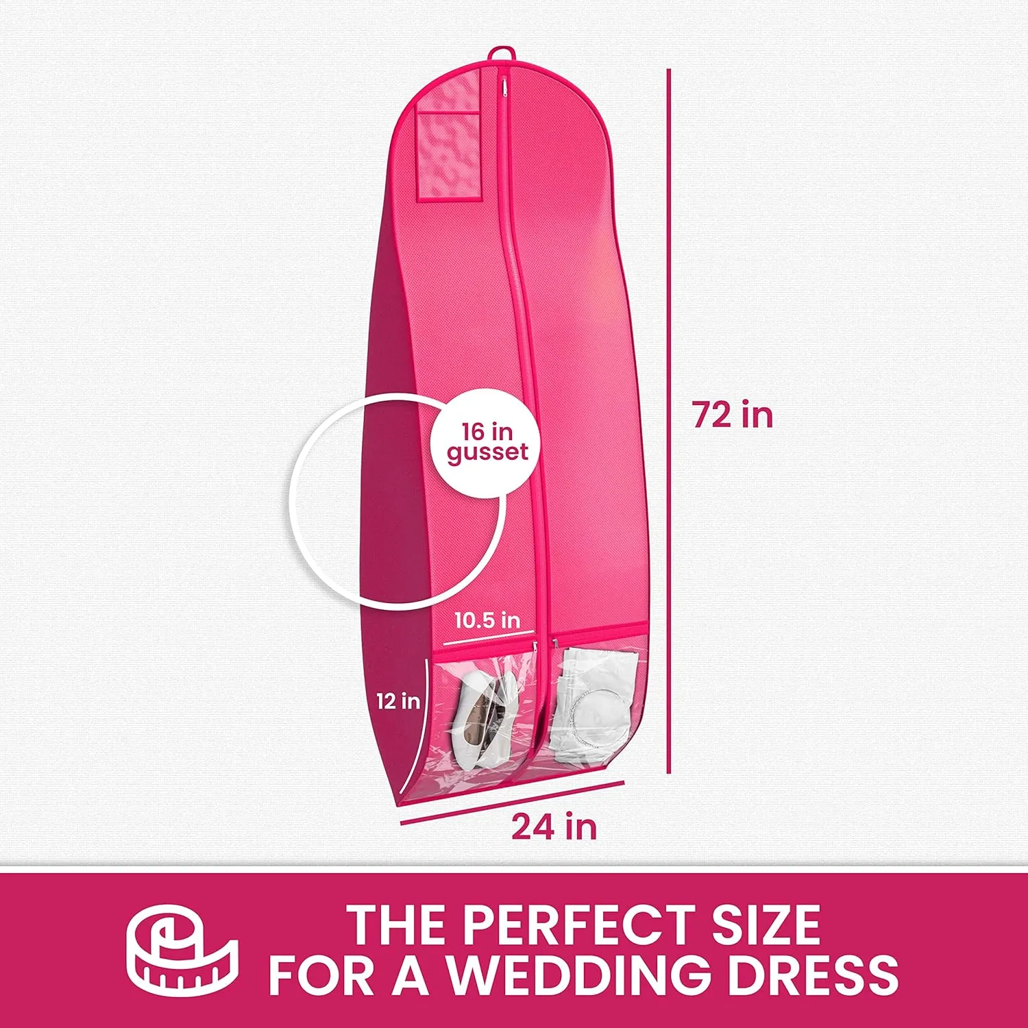 Wedding Dress Garment Bag 16 inch Gusset, with Shoe Pockets and Handle Durable, Rip and Water Resistant Material Large Size Clear Vinyl Pouch for Labeling