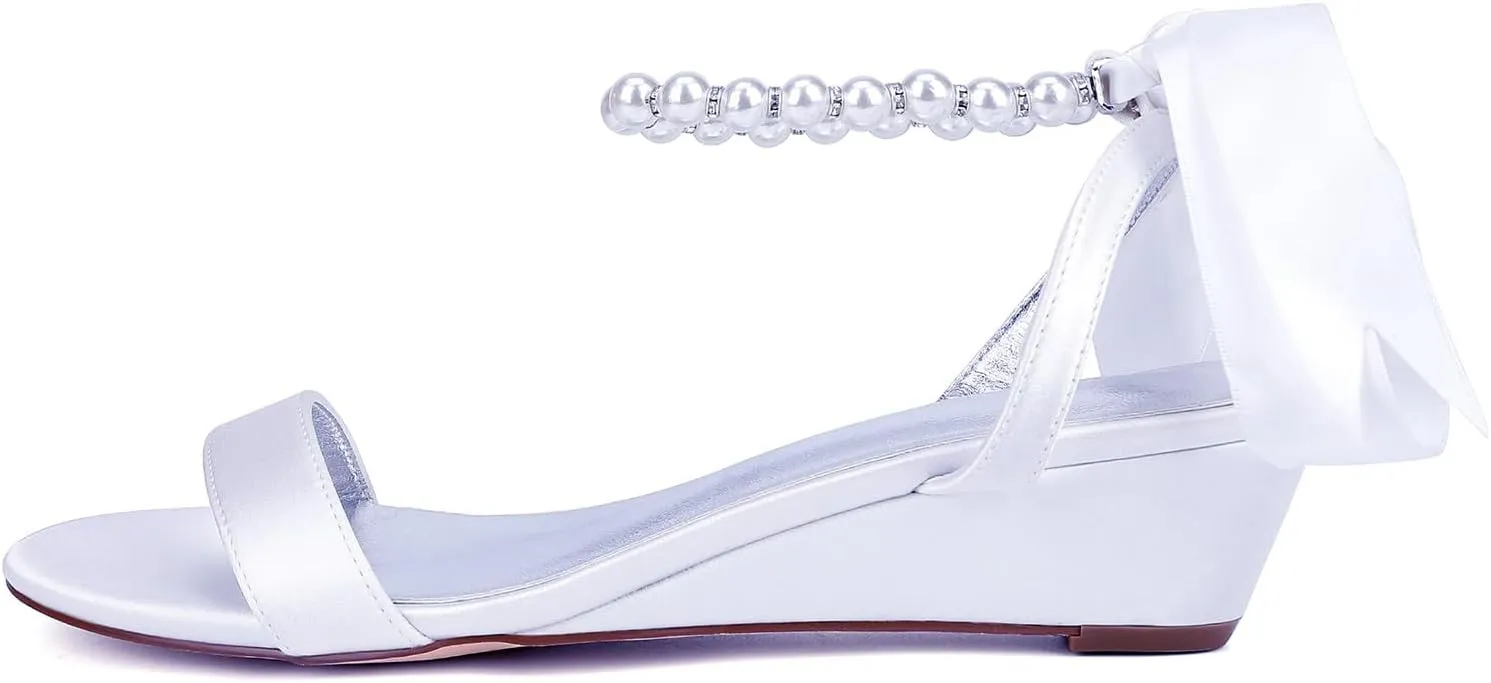 Wedding Heels Open Toe Ankle Buckle Strap Sandals Block Heels Satin Bridal Pumps Bowknot Strap Evening Dress Bridesmaids Shoes