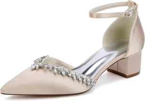 Wedding Shoes Bridal Pointed Toe Low Block Heel Women's Chunky Heels Satin Ankle Strap Heeled 4.5Cm