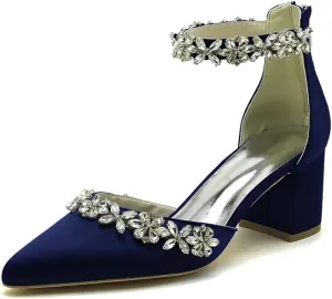 Wedding Shoes for Bride Block Heel Satin Rhinestones Bridal Shoes Prom Party Dress Pumps