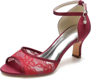 Wedding Shoes for Bride Peep Toe Comfortable Mid Block Heel Lace Ankle Strap Wedding Dress Pump Sandals 6.5Cm Heel Height
