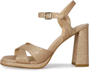 wetkiss Glitter Gold Heels for Women Chunky Heels Champagne Platform Heels for Women High Heels Womens Heeled Sandals Block Heels Ankle Strap Heels Sandals Square Open Round Toe Heels for Homecoming