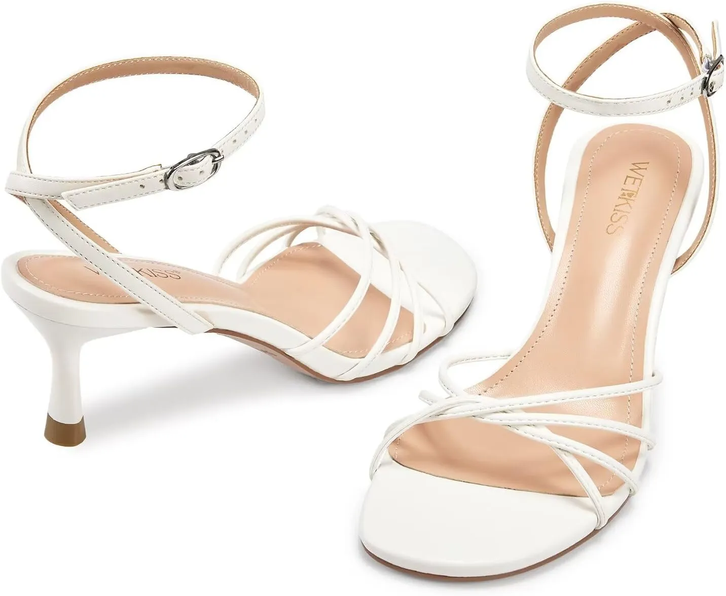 wetkiss Womens Sandals Round Open Toe Kitten Heels Adjustable Ankle Strap Low Heels Heeled Sandals for Women Summer Dress Shoes