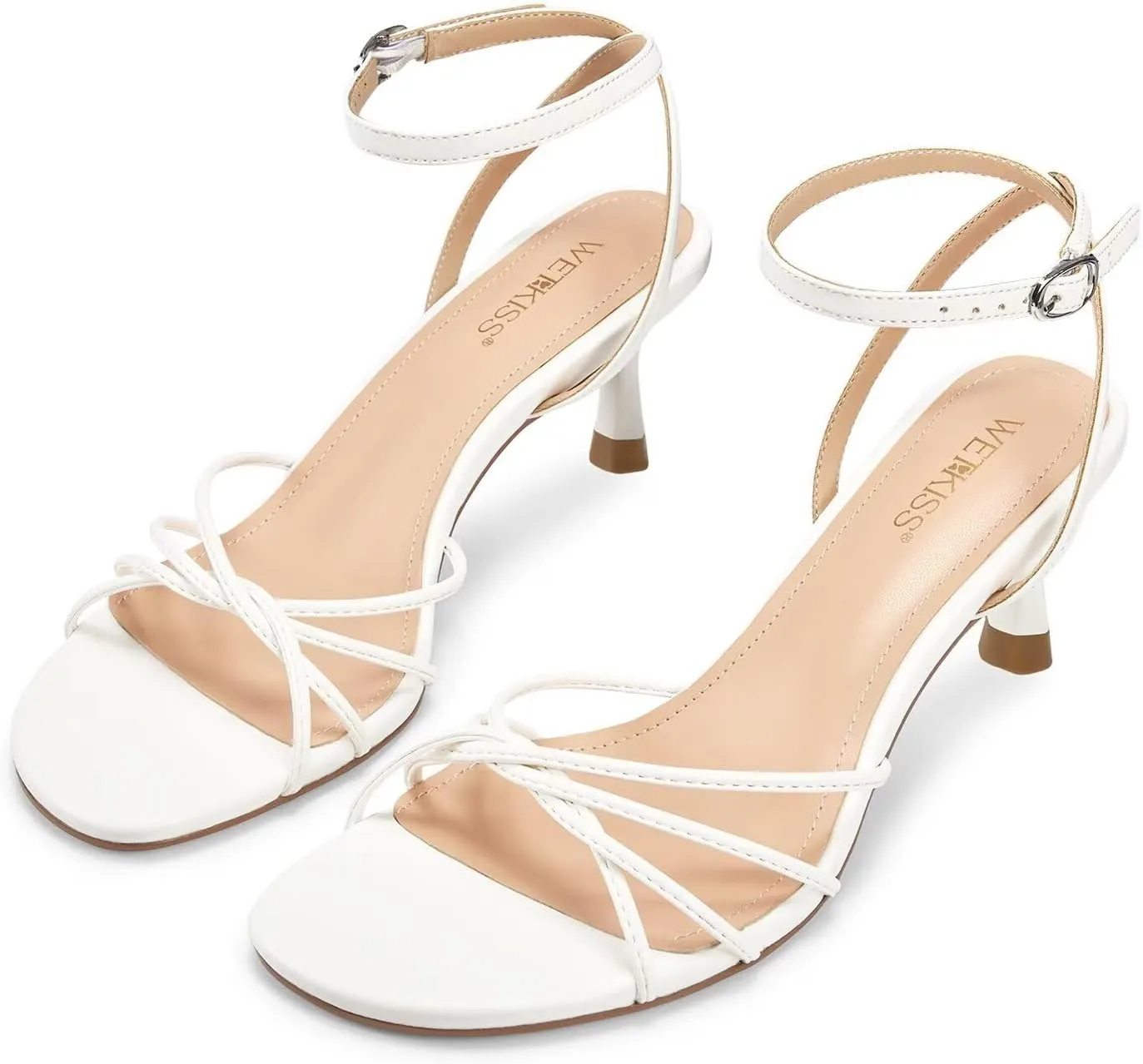 wetkiss Womens Sandals Round Open Toe Kitten Heels Adjustable Ankle Strap Low Heels Heeled Sandals for Women Summer Dress Shoes