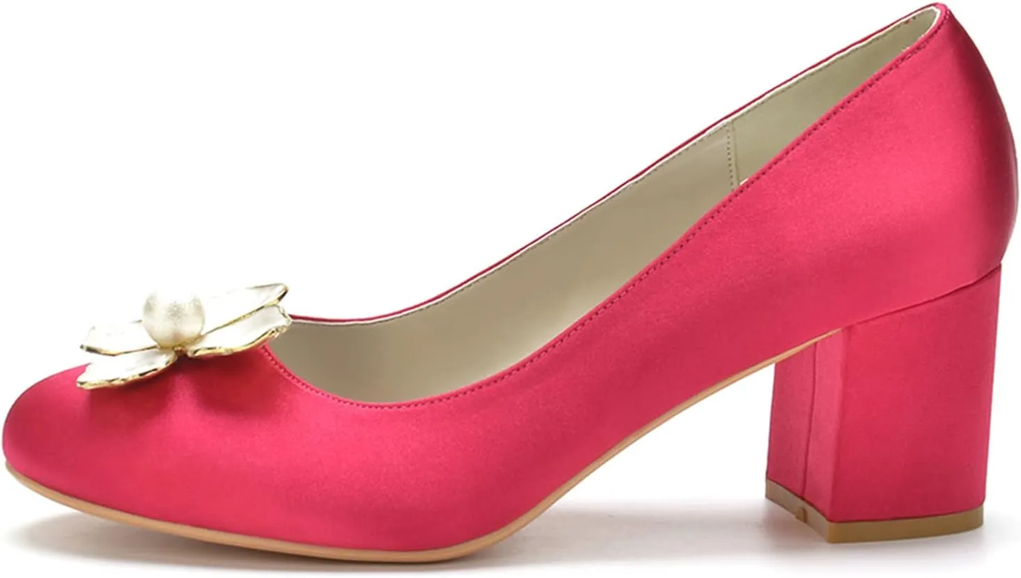 White Wedding Shoes Women's Closed Toe 2.36 Inches Chunky Heel Satin Pumps Pearl Bridal Shoes