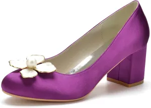 White Wedding Shoes Women's Closed Toe 2.36 Inches Chunky Heel Satin Pumps Pearl Bridal Shoes