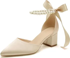 Women Block Pointed Toe Low Chunky Heels with Pearls Pumps Satin Bridal Shoes Evening Party Dress Shoes